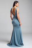 Dusty Blue V Neck Mermaid Satin Formal Dress with Slit