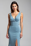 Dusty Blue V Neck Mermaid Satin Formal Dress with Slit