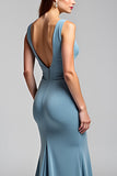Dusty Blue V Neck Mermaid Satin Formal Dress with Slit