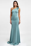 One Shoulder Blue Sheath Long Wedding Guest Dress