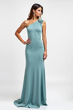 One Shoulder Blue Sheath Long Wedding Guest Dress