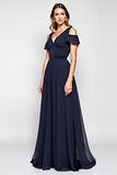A Line Navy Cold Shoulder V Neck Long Wedding Guest Dress