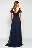 A Line Navy Cold Shoulder V Neck Long Wedding Guest Dress