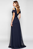 A Line Navy Cold Shoulder V Neck Long Wedding Guest Dress