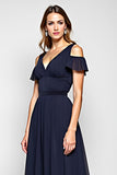 A Line Navy Cold Shoulder V Neck Long Wedding Guest Dress