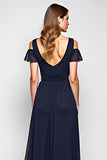 A Line Navy Cold Shoulder V Neck Long Wedding Guest Dress