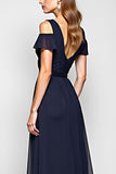A Line Navy Cold Shoulder V Neck Long Wedding Guest Dress