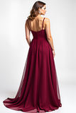 Burgundy Spaghetti Straps Chiffon Long Wedding Guest Dress with Bow
