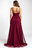 Burgundy Spaghetti Straps Chiffon Long Wedding Guest Dress with Bow