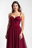 Burgundy Spaghetti Straps Chiffon Long Wedding Guest Dress with Bow