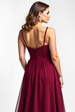 Burgundy Spaghetti Straps Chiffon Long Wedding Guest Dress with Bow