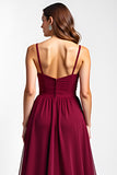 Burgundy Spaghetti Straps Chiffon Long Wedding Guest Dress with Bow