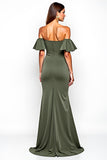 Off the Shoulder Sheath Olive Long Wedding Guest Dress with Slit