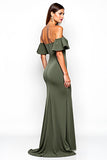 Off the Shoulder Sheath Olive Long Wedding Guest Dress with Slit