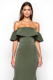Off the Shoulder Sheath Olive Long Wedding Guest Dress with Slit