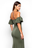 Off the Shoulder Sheath Olive Long Wedding Guest Dress with Slit
