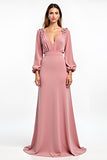 Dusty Rose V-Neck Long Sleeves Wedding Guest Dress