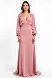 Dusty Rose V-Neck Long Sleeves Wedding Guest Dress