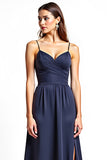 Navy A Line Spaghetti Straps Long Wedding Guest Dress with Slit