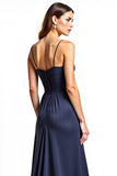 Navy A Line Spaghetti Straps Long Wedding Guest Dress with Slit