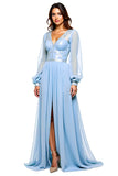 Sky Blue Long Sleeves Chiffon Prom Dress with Slit