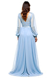 Sky Blue Long Sleeves Chiffon Prom Dress with Slit