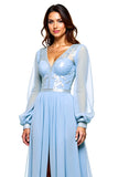 Sky Blue Long Sleeves Chiffon Prom Dress with Slit