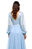 Sky Blue Long Sleeves Chiffon Prom Dress with Slit