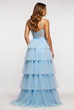 Sky Blue Spaghetti Straps Long Tiered Tulle A Line Prom Dress