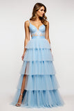 Sky Blue Spaghetti Straps Long Tiered Tulle A Line Prom Dress