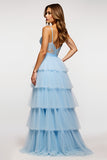Sky Blue Spaghetti Straps Long Tiered Tulle A Line Prom Dress