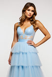 Sky Blue Spaghetti Straps Long Tiered Tulle A Line Prom Dress