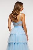Sky Blue Spaghetti Straps Long Tiered Tulle A Line Prom Dress