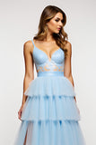 Sky Blue Spaghetti Straps Long Tiered Tulle A Line Prom Dress