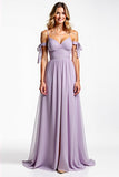 Spaghetti Straps Lilac Chiffon Ruched A Line Long Bridesmaid Dress