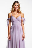 Spaghetti Straps Lilac Chiffon Ruched A Line Long Bridesmaid Dress