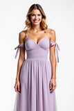 Spaghetti Straps Lilac Chiffon Ruched A Line Long Bridesmaid Dress