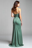 Eucalyptus Backless Satin V Neck Long Bridesmaid Dress