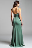 Eucalyptus Backless Satin V Neck Long Bridesmaid Dress