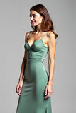Eucalyptus Backless Satin V Neck Long Bridesmaid Dress