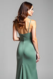 Eucalyptus Backless Satin V Neck Long Bridesmaid Dress