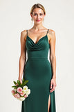 Pine Sheath Cowl Neck Sleeveless Long Bridesmaid Dress with Slit