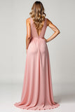 Blush Pink V-Neck Sleeveless A Line Long Bridesmaid Dress with Slit