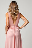 Blush Pink V-Neck Sleeveless A Line Long Bridesmaid Dress with Slit