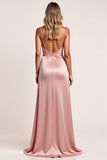Blush Pink Sheath Ruched Satin Long Bridesmaid Dress with Slit