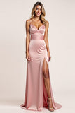 Blush Pink Sheath Ruched Satin Long Bridesmaid Dress with Slit