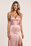 Blush Pink Sheath Ruched Satin Long Bridesmaid Dress with Slit