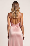 Blush Pink Sheath Ruched Satin Long Bridesmaid Dress with Slit