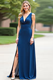 Blue V-Neck Sleeveless Long Sheath Bridesmaid Dress with Slit