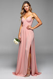 A Line Blush Pink Spaghetti Straps Long Elegant Bridesmaid Dress with Slit